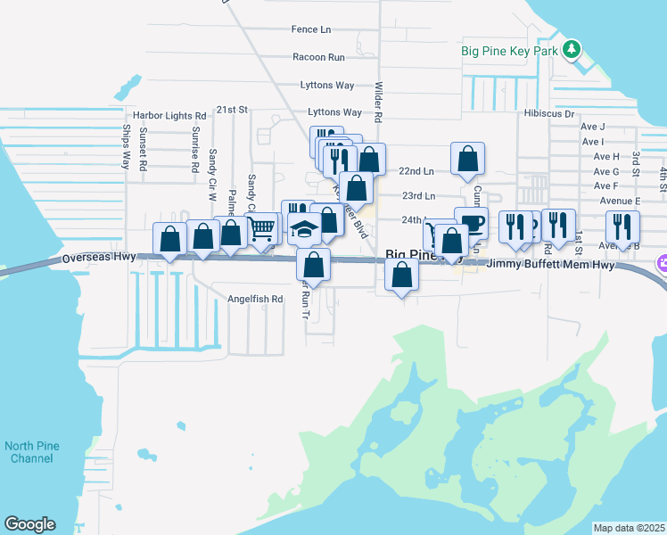 map of restaurants, bars, coffee shops, grocery stores, and more near 30300 Overseas Highway in Big Pine Key