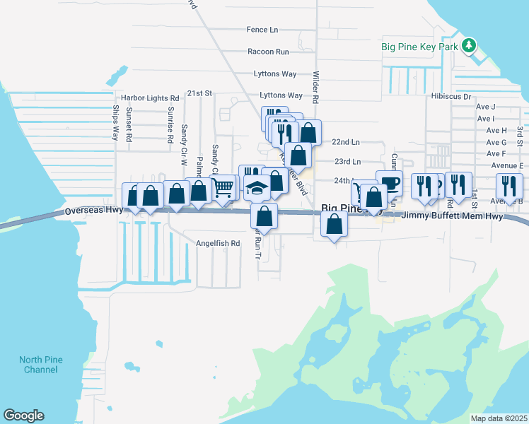 map of restaurants, bars, coffee shops, grocery stores, and more near 30220 Overseas Highway in Big Pine Key