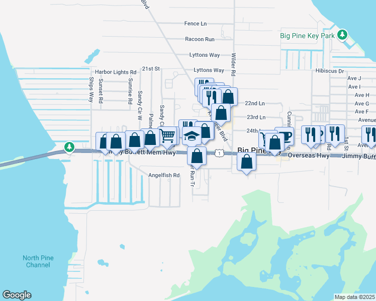 map of restaurants, bars, coffee shops, grocery stores, and more near Florida Keys Overseas Heritage Trail in Big Pine Key