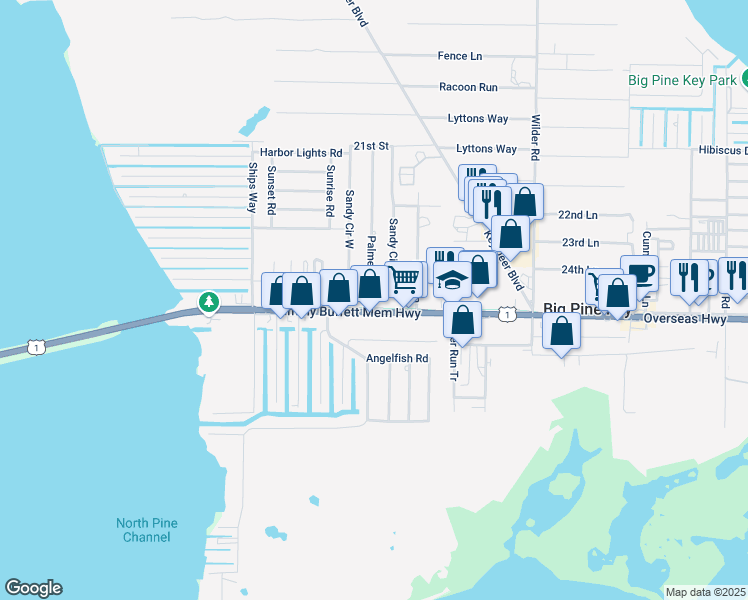 map of restaurants, bars, coffee shops, grocery stores, and more near 15 Palmetto Avenue in Big Pine Key
