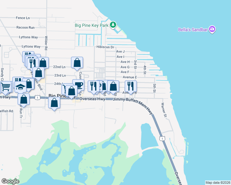 map of restaurants, bars, coffee shops, grocery stores, and more near 851 1st Street in Big Pine Key