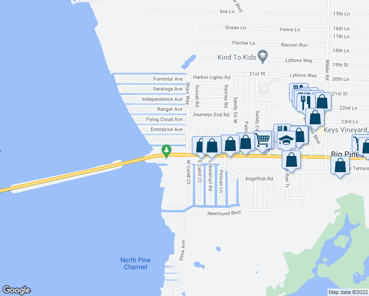 map of restaurants, bars, coffee shops, grocery stores, and more near 29675 Overseas Highway in Big Pine Key