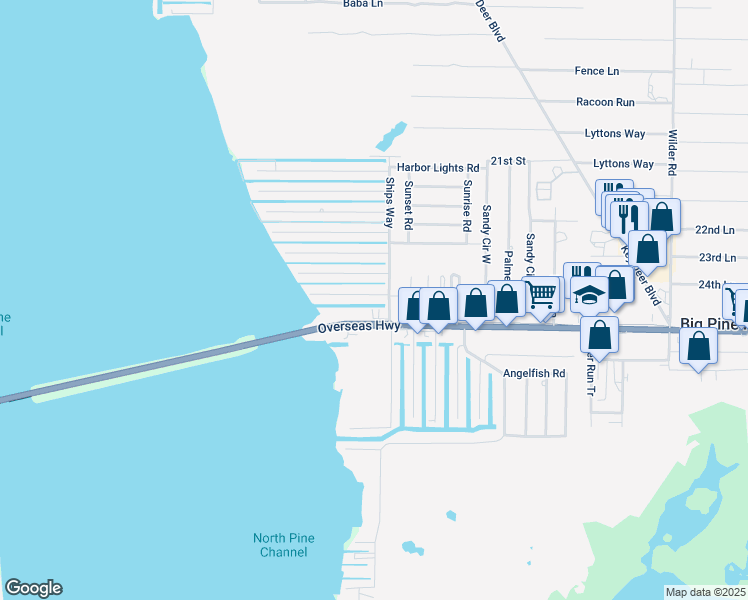 map of restaurants, bars, coffee shops, grocery stores, and more near 29675 Overseas Highway in Big Pine Key
