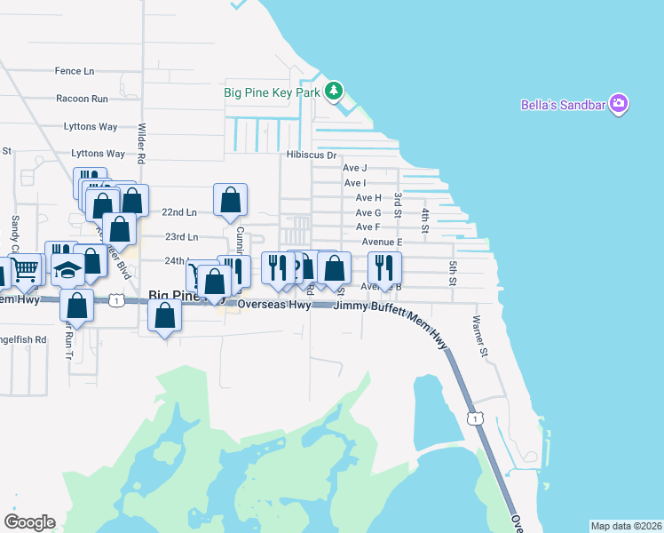 map of restaurants, bars, coffee shops, grocery stores, and more near 83-851 1st St in Big Pine Key