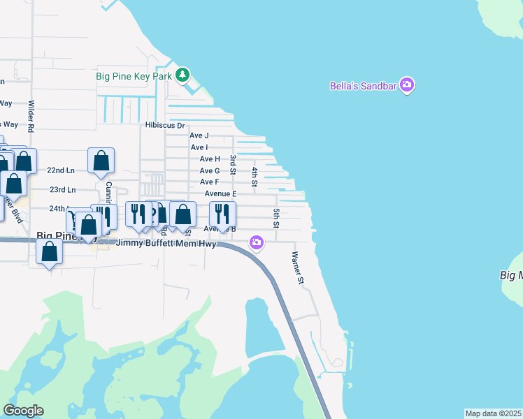 map of restaurants, bars, coffee shops, grocery stores, and more near 31446 Avenue E in Big Pine Key