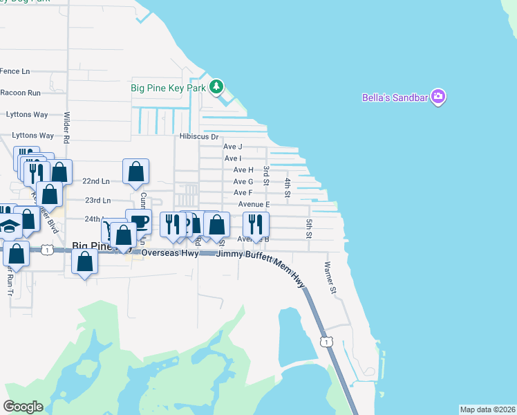 map of restaurants, bars, coffee shops, grocery stores, and more near 31218 Avenue E in Big Pine Key