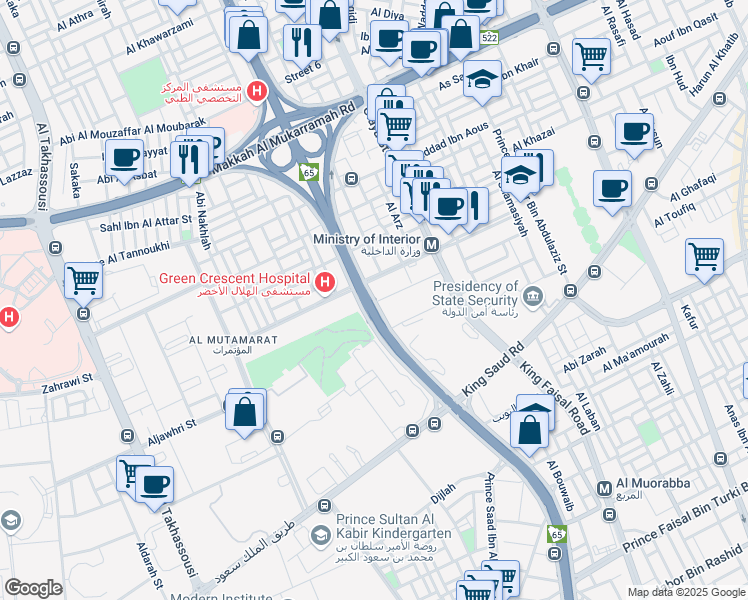 map of restaurants, bars, coffee shops, grocery stores, and more near King Fahad Branch Road in Riyadh