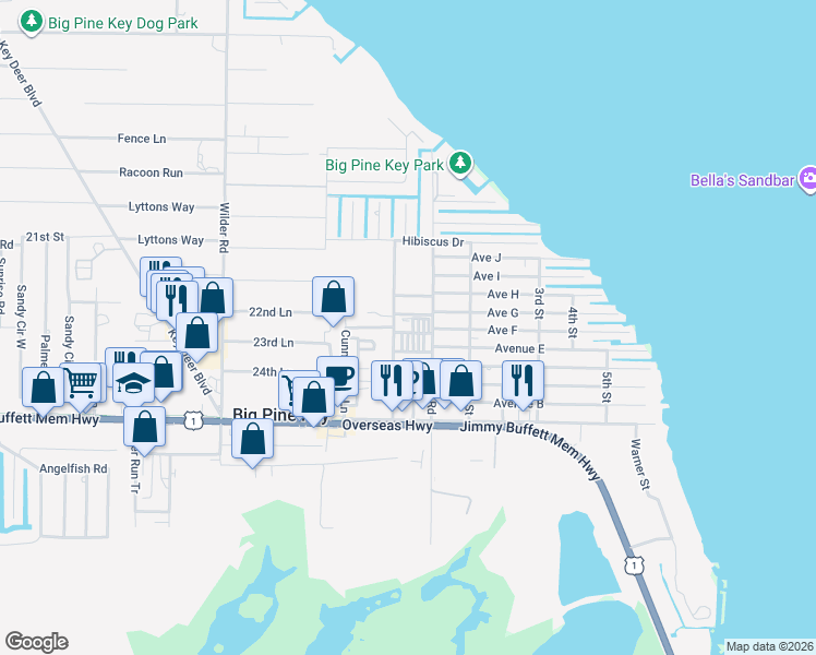 map of restaurants, bars, coffee shops, grocery stores, and more near 301 County Road in Big Pine Key