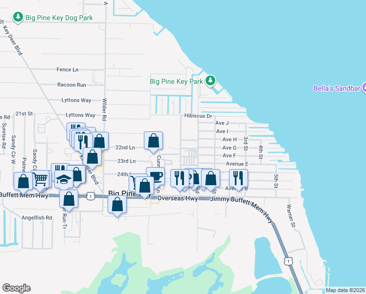 map of restaurants, bars, coffee shops, grocery stores, and more near 301 County Rd in Big Pine Key