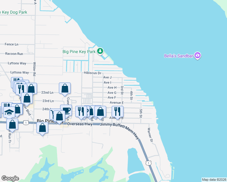 map of restaurants, bars, coffee shops, grocery stores, and more near 31223 Avenue G in Big Pine Key