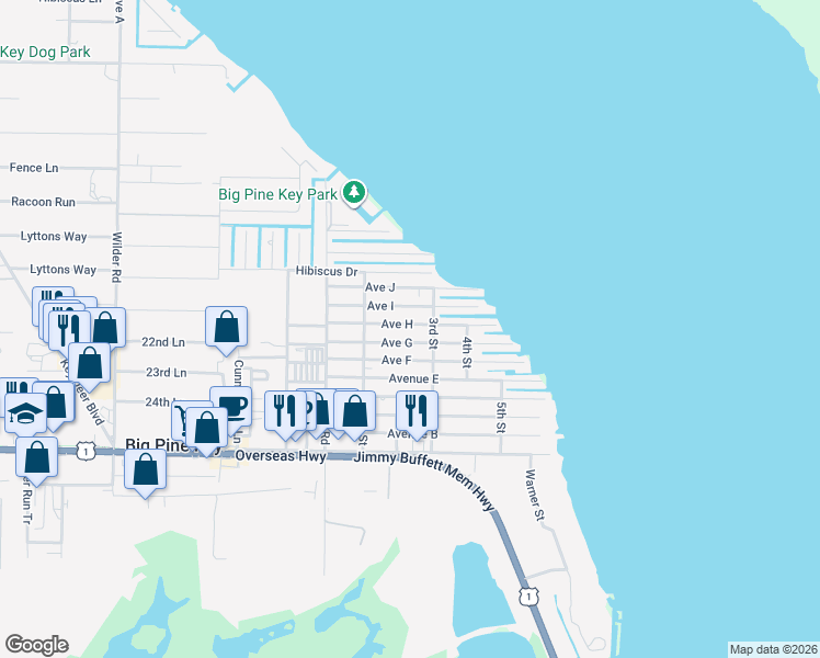 map of restaurants, bars, coffee shops, grocery stores, and more near 31223 Avenue G in Big Pine Key