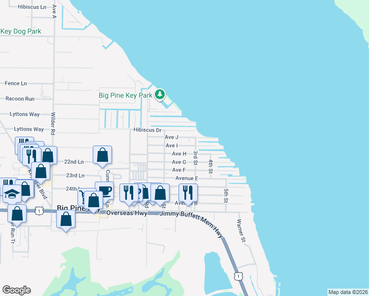 map of restaurants, bars, coffee shops, grocery stores, and more near 31220 Avenue I in Big Pine Key