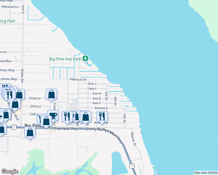 map of restaurants, bars, coffee shops, grocery stores, and more near 31343 Avenue I in Big Pine Key