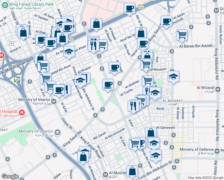 map of restaurants, bars, coffee shops, grocery stores, and more near Prince Abdulaziz Ibn Musaid Ibn Jalawi Street in Riyadh