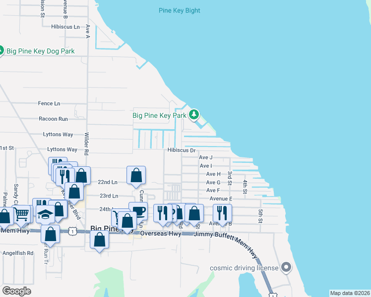 map of restaurants, bars, coffee shops, grocery stores, and more near 472 Sands Road in Big Pine Key