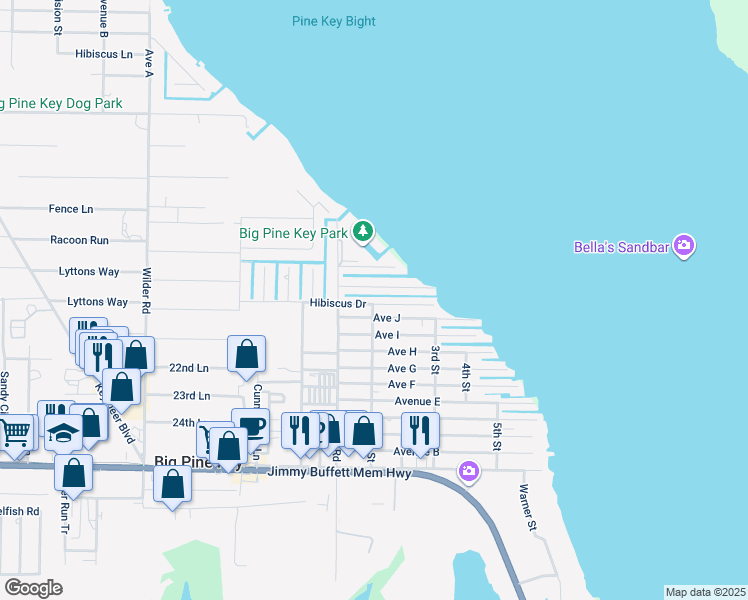 map of restaurants, bars, coffee shops, grocery stores, and more near 31112 Hollerich Drive in Big Pine Key