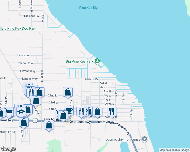 map of restaurants, bars, coffee shops, grocery stores, and more near 472 Sands Road in Big Pine Key