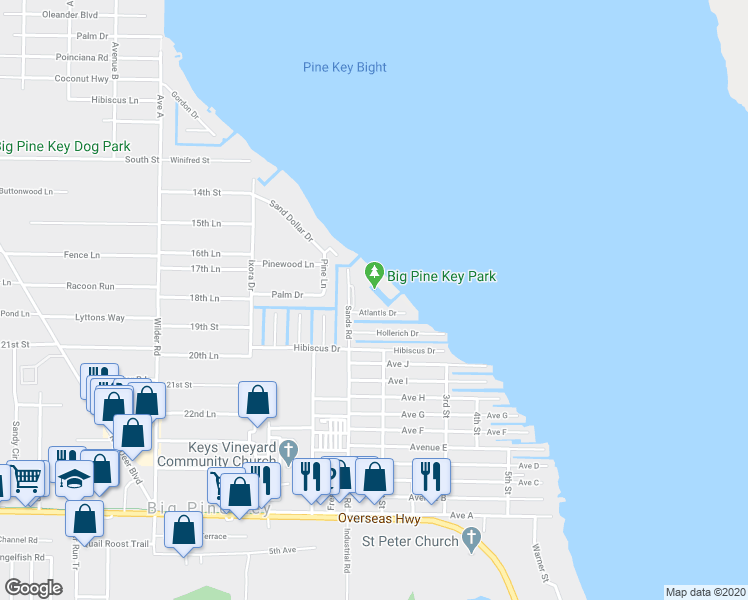 map of restaurants, bars, coffee shops, grocery stores, and more near 31009 Atlantis Drive in Big Pine Key