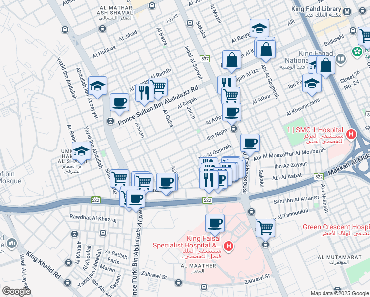 map of restaurants, bars, coffee shops, grocery stores, and more near in Riyadh