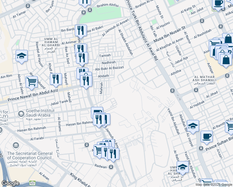 map of restaurants, bars, coffee shops, grocery stores, and more near Al Imam Saud Ibn Faisal Ibn Turki in Riyadh