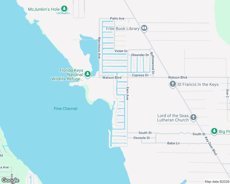 map of restaurants, bars, coffee shops, grocery stores, and more near 1309 West Shore Drive in Big Pine Key
