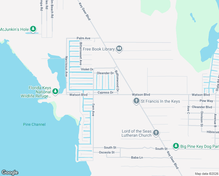 map of restaurants, bars, coffee shops, grocery stores, and more near 1540 Lantana Lane in Big Pine Key