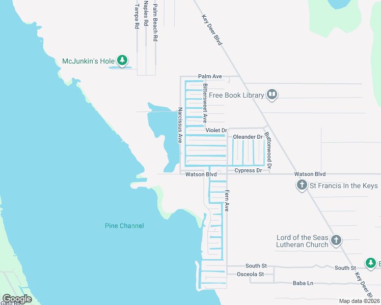 map of restaurants, bars, coffee shops, grocery stores, and more near 1627 Narcissus Avenue in Big Pine Key