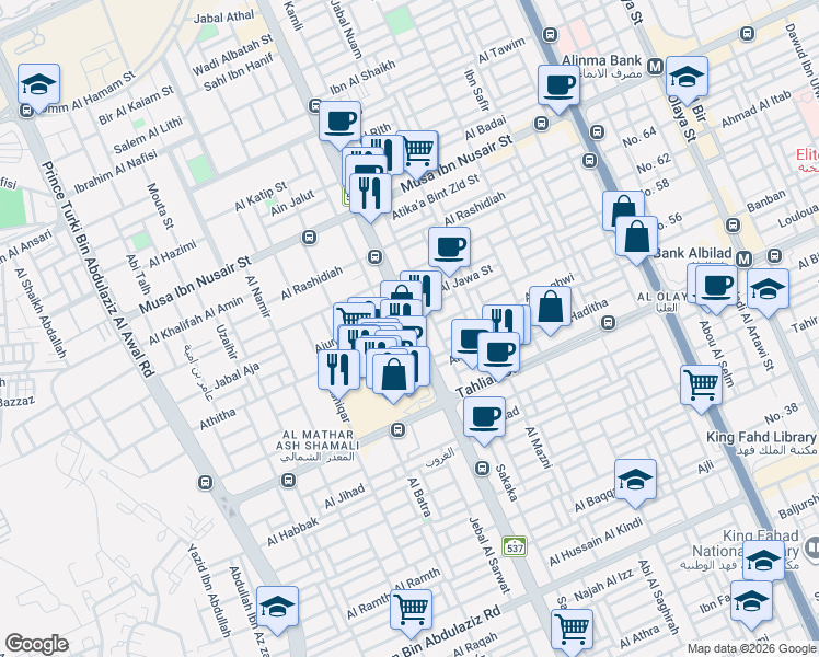 map of restaurants, bars, coffee shops, grocery stores, and more near Al Takhassousi in Riyadh