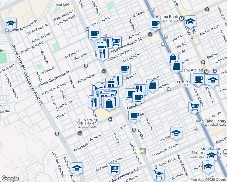 map of restaurants, bars, coffee shops, grocery stores, and more near Al Takhassousi in Riyadh