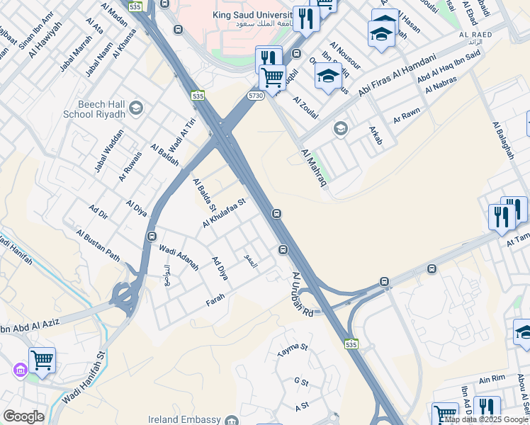 map of restaurants, bars, coffee shops, grocery stores, and more near 8059 King Khalid Road in Riyadh