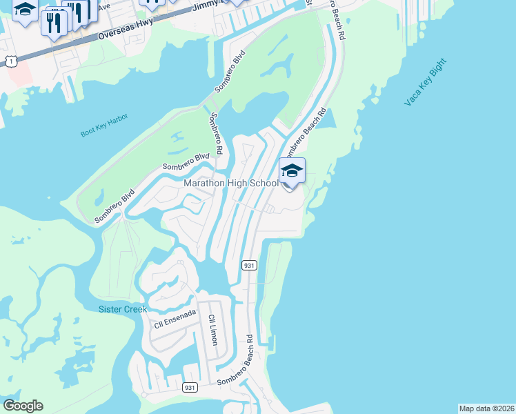 map of restaurants, bars, coffee shops, grocery stores, and more near 333 Sombrero Beach Road in Marathon