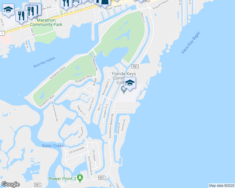 map of restaurants, bars, coffee shops, grocery stores, and more near 333 Sombrero Beach Road in Marathon