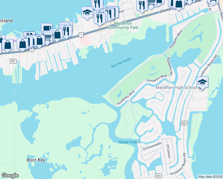 map of restaurants, bars, coffee shops, grocery stores, and more near 1509 Sombrero Boulevard in Marathon