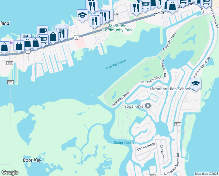 map of restaurants, bars, coffee shops, grocery stores, and more near 1501 Sombrero Boulevard in Marathon