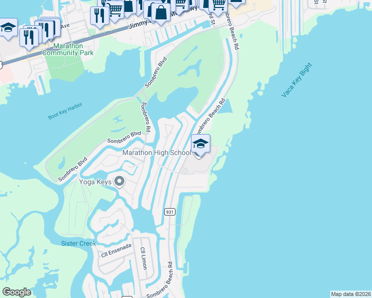 map of restaurants, bars, coffee shops, grocery stores, and more near 316 Anglers Drive North in Marathon