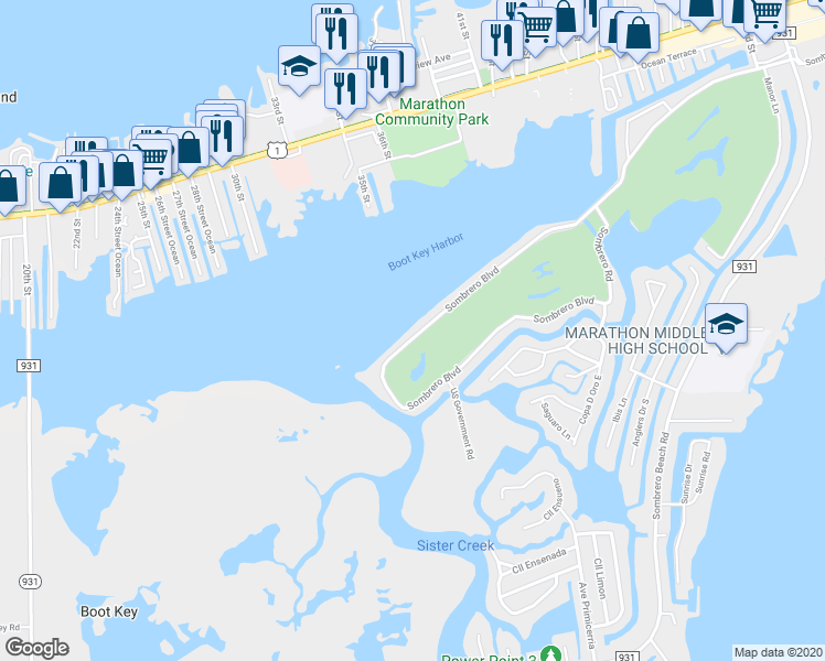 map of restaurants, bars, coffee shops, grocery stores, and more near 1501 Sombrero Boulevard in Marathon