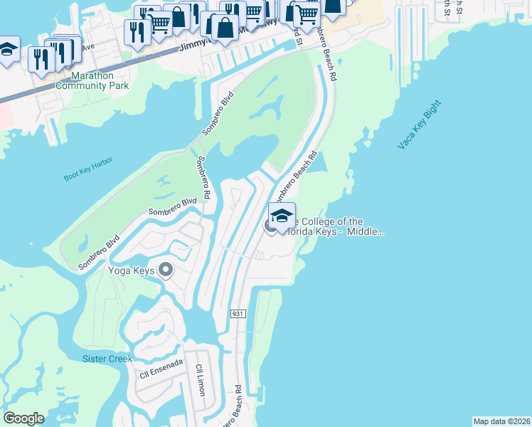 map of restaurants, bars, coffee shops, grocery stores, and more near 311 Sombrero Beach Road in Marathon