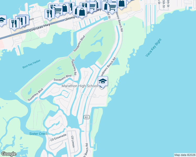 map of restaurants, bars, coffee shops, grocery stores, and more near 311 Sombrero Beach Road in Marathon