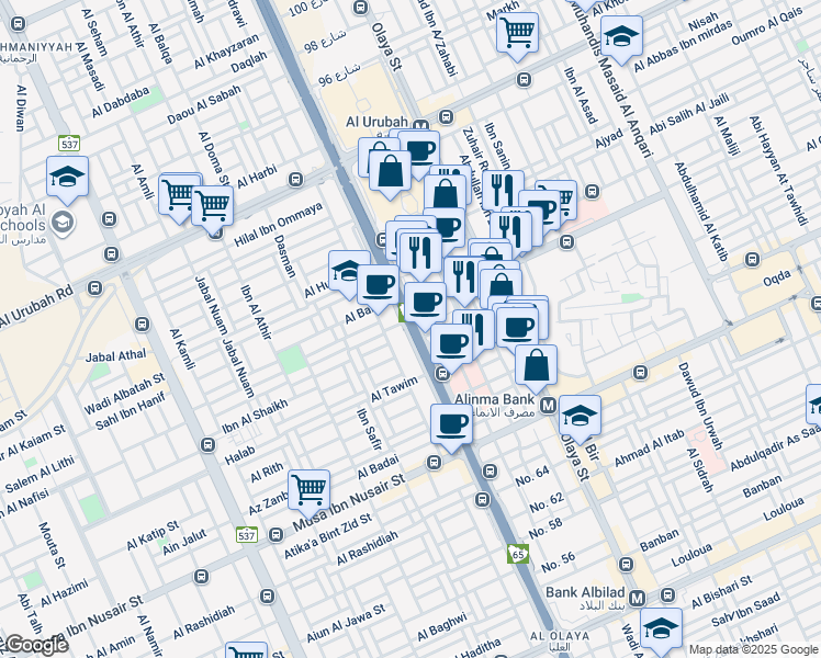 map of restaurants, bars, coffee shops, grocery stores, and more near King Fahd Road in Riyadh