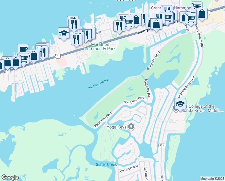 map of restaurants, bars, coffee shops, grocery stores, and more near 307 Sombrero Boulevard in Marathon