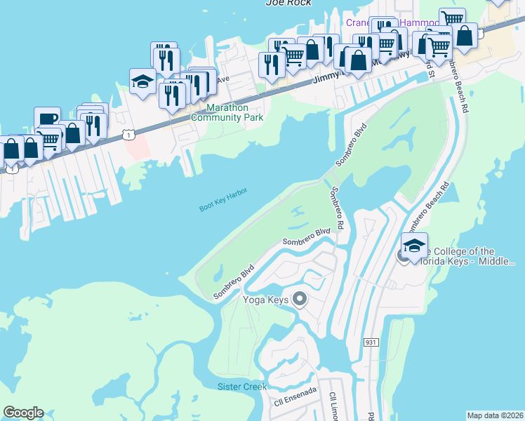 map of restaurants, bars, coffee shops, grocery stores, and more near 307 Sombrero Boulevard in Marathon