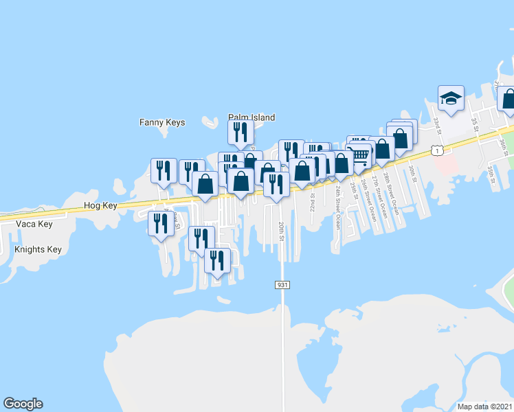 map of restaurants, bars, coffee shops, grocery stores, and more near 1777 Overseas Highway in Marathon