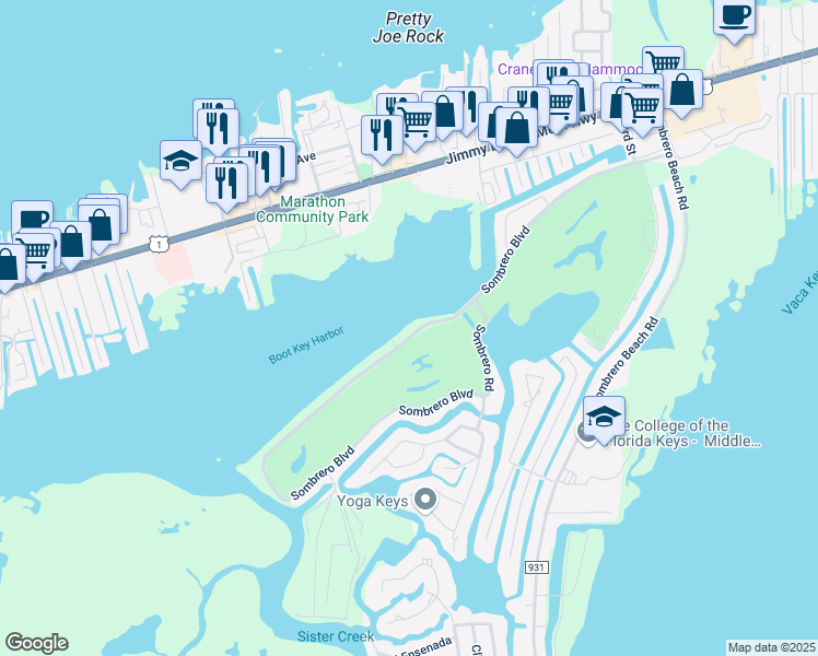 map of restaurants, bars, coffee shops, grocery stores, and more near 101 Sombrero Boulevard in Marathon