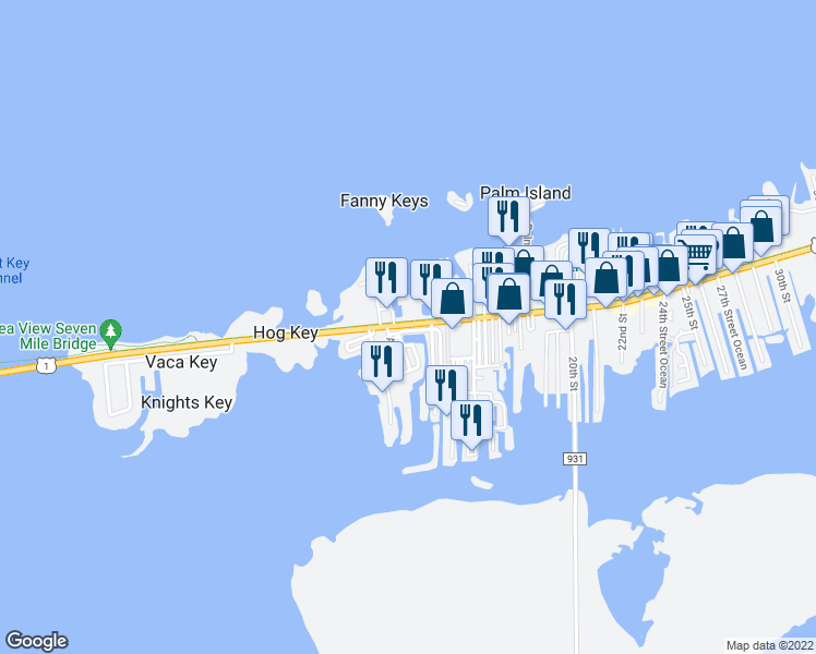 map of restaurants, bars, coffee shops, grocery stores, and more near 1410 Overseas Highway in Marathon