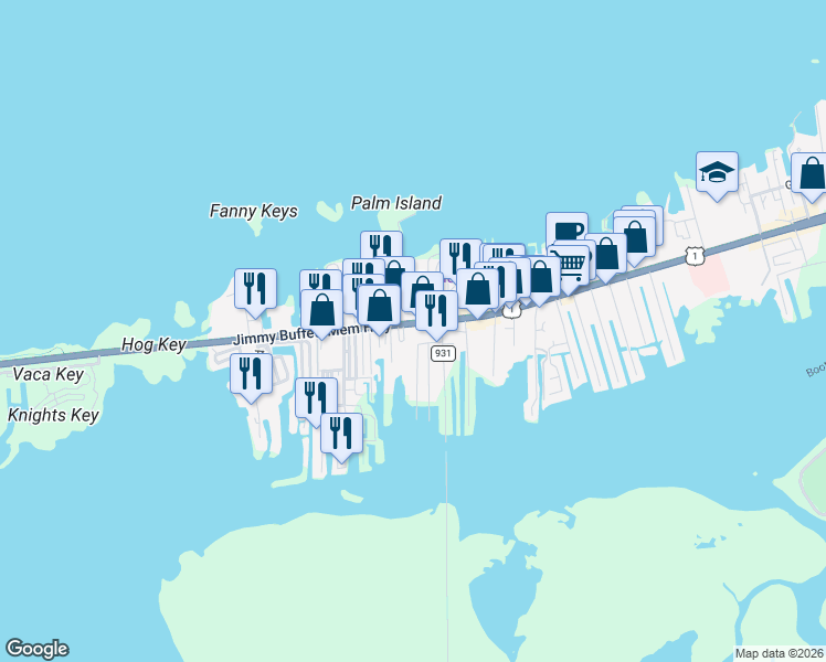 map of restaurants, bars, coffee shops, grocery stores, and more near 1777 Overseas Highway in Marathon