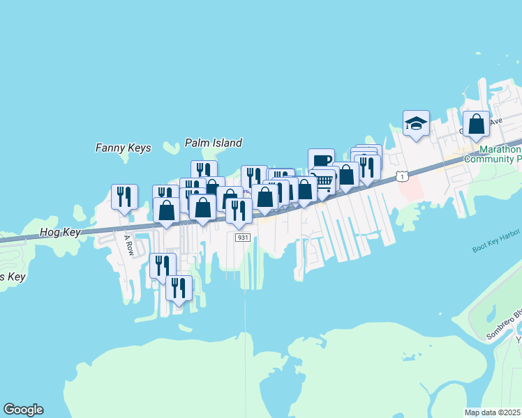 map of restaurants, bars, coffee shops, grocery stores, and more near 2040 Overseas Highway in Marathon