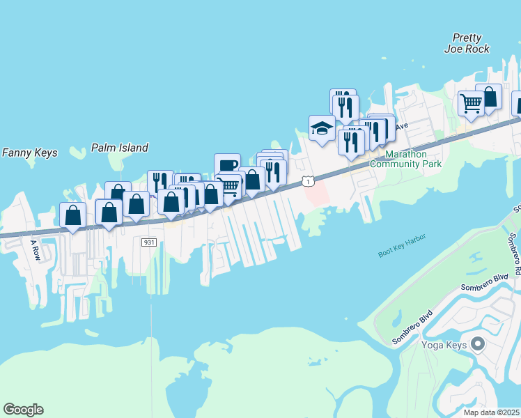 map of restaurants, bars, coffee shops, grocery stores, and more near 343 29th Street Ocean in Marathon