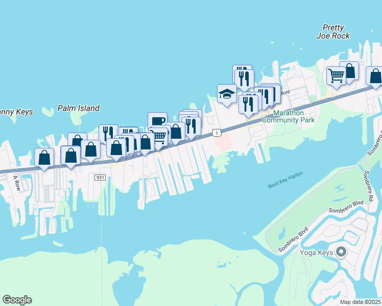 map of restaurants, bars, coffee shops, grocery stores, and more near 346 29th Street Ocean in Marathon
