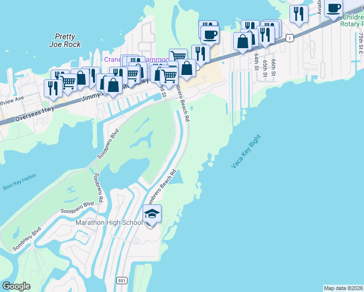 map of restaurants, bars, coffee shops, grocery stores, and more near 219 Sombrero Beach Road in Marathon