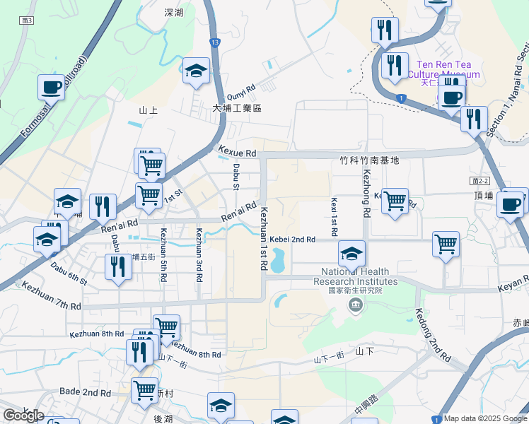 map of restaurants, bars, coffee shops, grocery stores, and more near Kezhuan 1st Road in Zhunan Township